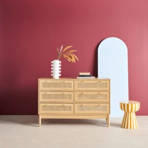 wohnli-moebel-suche-M25200601-1 Kommode Holzdekor und Rattan-Geflecht 6 Schubladen naturfarben 120x80x40cm Spanplatte Beige sweeek Möbel Schlafzimmermöbel Kommoden
