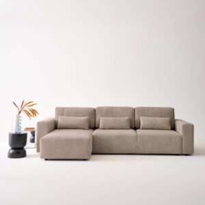 wohnli-moebel-suche-M25200606-1 5-Sitzer Ecksofa mit Schlaffunktion und Cordbezug in taupe 298x85x155cm Samt Taupe sweeek Sofas und Sessel Sofas Ecksofas