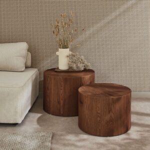 wohnli-moebel-suche-M25200633-1 2er-Set runde Couchtische mit Nussbaumlook 58x40x58cm Spanplatte Braun sweeek Möbel Wohnzimmermöbel Beistelltische