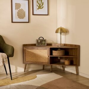 wohnli-moebel-suche-M25203582-1 TV-Möbel mit 1 Tür und Rattanfront sowie 2 offenen Fächern L120 cm 120x60x40cm Spanplatte Beige Calicosy Möbel Wohnzimmermöbel TV-Möbel