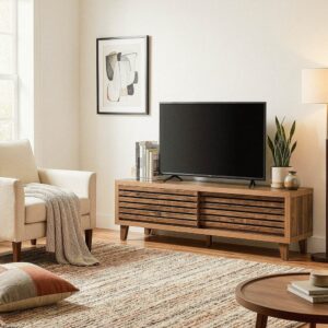 wohnli-moebel-suche-M25203585-1 TV-Möbel mit 2 Schiebetüren L140 cm - 140x45x35cm Spanplatte Braun Calicosy Möbel Wohnzimmermöbel TV-Möbel