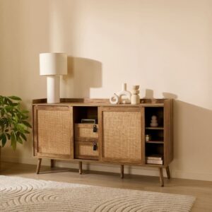 wohnli-moebel-suche-M25203586-1 Sideboard mit 2 Türen und 2 Schubladen mit Rattanfronten L140 cm 140x80x39cm Spanplatte Beige Calicosy Möbel Esszimmermöbel Sideboards, Highboards & niedrige Anrichten