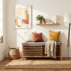 wohnli-moebel-suche-M25203590-1 Schuhbank mit 2 Schiebetüren L112 cm - Holzdekor dunkel 112x51x44cm Spanplatte Braun Calicosy Möbel Esszimmermöbel Sitzbank und Holzbank