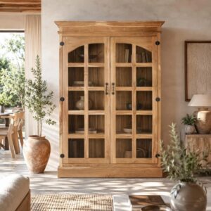 wohnli-moebel-suche-M25204607-1 Massives Teakholz-Bücherregal mit 2 Glastüren 130x180x45cm Holz Braun GINER Y COLOMER Möbel Wohnzimmermöbel Bücherregale