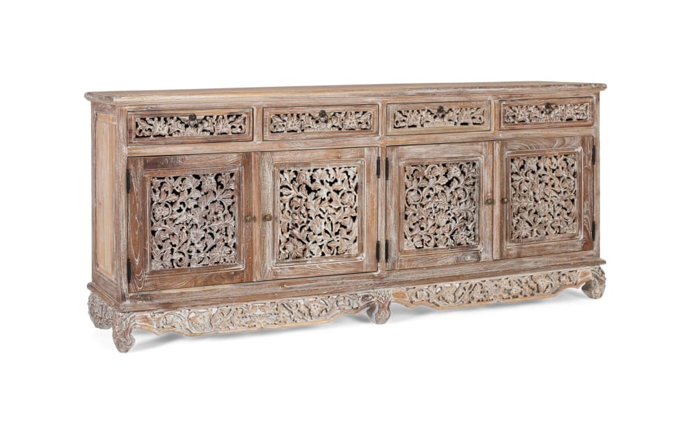 wohnli-moebel-suche-M25204609-1 Handgeschnitztes Sideboard aus Teakholz mit 4 Türen und 4 Schubladen 180x78x40cm Holz Braun GINER Y COLOMER Möbel Esszimmermöbel Sideboards, Highboards & niedrige Anrichten
