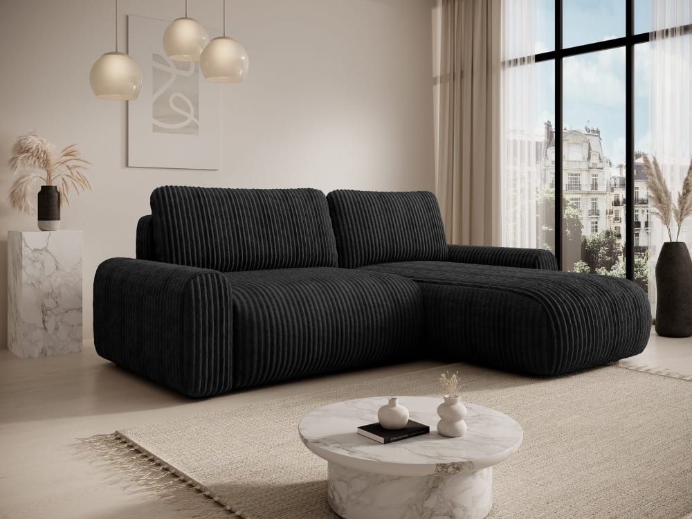 Ecksofa mit Schlaffunktion, Bettkasten, Cord, beidseitig, Schwarz 245x84x245cm Stoff Schwarz Selsey Sofas und Sessel Sofas Ecksofas