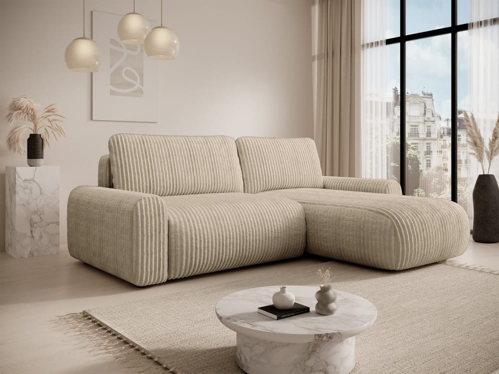 Ecksofa mit Schlaffunktion, Bettkasten, Cord, beidseitig, Beige 245x84x245cm Stoff Beige Selsey Sofas und Sessel Sofas Ecksofas