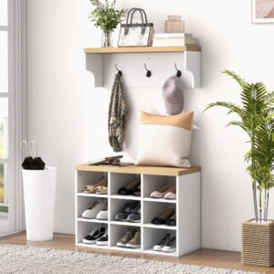 wohnli-moebel-suche-M25206518-1 Wandbank-Schuhregal 3-Haken 9-Fächer Weißholz 75x50x30cm Spanplatte Weiß Homcom Möbel Flurmöbel Schuhschränke
