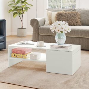wohnli-moebel-suche-M25206713-1 Weißholz-Kommodotisch mit Schiebeplatte & Staufach 110x36x52cm Spanplatte Weiß Homcom Möbel Wohnzimmermöbel Couchtische