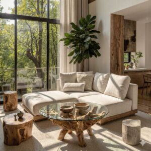 Couchtisch aus massivem Teakholz und Glas ø110 cm 110x50x110cm Holz Braun Moloo Möbel Wohnzimmermöbel Couchtische