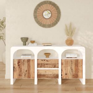 wohnli-moebel-suche-M25207728-1 Sideboard aus gebrochenem Weißputz und Akazienholz 160x80x40cm Beton Weiß Maison Pavane Möbel Esszimmermöbel Sideboards, Highboards & niedrige Anrichten