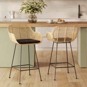 wohnli-moebel-suche-M25207731-1 2er Set Barstühle aus 66 cm in Rattan und schwarzem Stoff 51x94x51cm Rattan Beige Maison Pavane Möbel Esszimmermöbel Barhocker