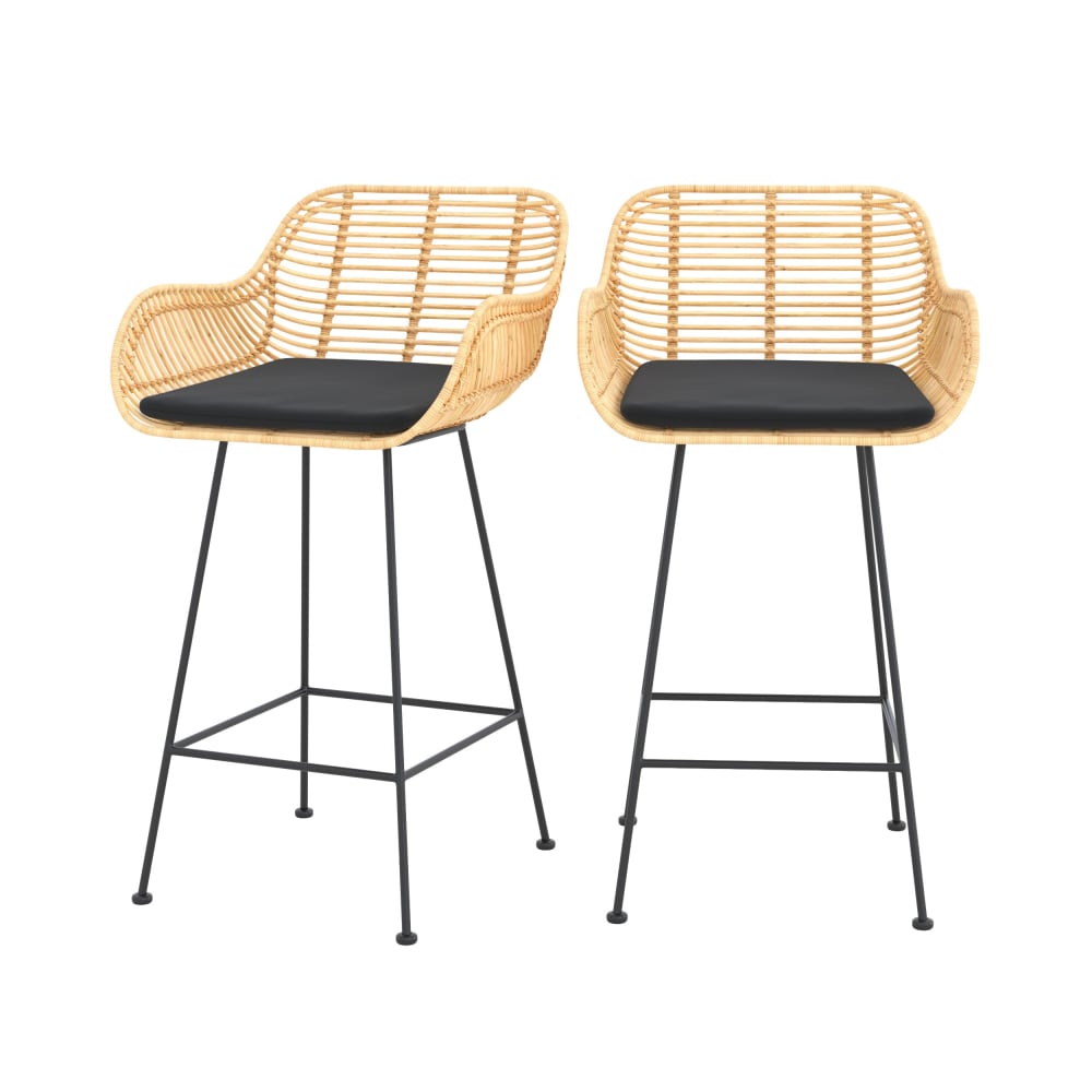wohnli-moebel-suche-M25207731 Wohnli Möbelsuche - 2er Set Barstühle aus 66 cm in Rattan und schwarzem Stoff