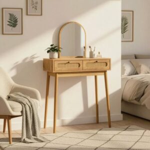wohnli-moebel-suche-M25207908-1 Schminktisch mit Spiegel und 2 Schubladen Rattanfronten 80x140x39cm Spanplatte Beige Calicosy Möbel Schlafzimmermöbel Schminktische