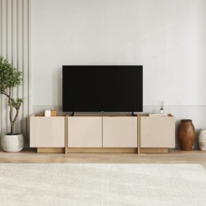 wohnli-moebel-suche-M25207910-1 TV-Möbel mit 4 Türen in Kaschmir- und Eiche-dekor 180x46x35cm Spanplatte Beige Calicosy Möbel Wohnzimmermöbel TV-Möbel