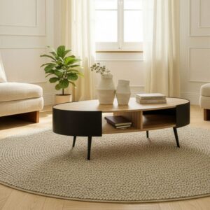 wohnli-moebel-suche-M25207917-1 Couchtisch mit schwarzen Metallseiten L120 cm 120x39x60cm Spanplatte Beige Calicosy Möbel Wohnzimmermöbel Couchtische