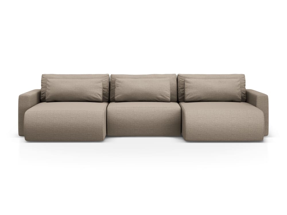 Wohnli Möbelsuche - 4-Sitzer Schlaf-Panoramasofa +Box aus strukturiertem Stoff dunkelbeige