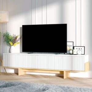 wohnli-moebel-suche-M26002613-1 TV-Möbel mit 3 abklappbaren Türen L180 cm - Weiß und Holzdekor 180x45x30cm Spanplatte Weiß Calicosy Möbel Wohnzimmermöbel TV-Möbel