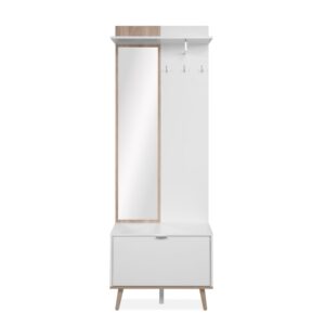 Wohnli Möbelsuche - Garderobe mit Spiegel und Aufbewahrung in Eiche und Weiß H200 cm