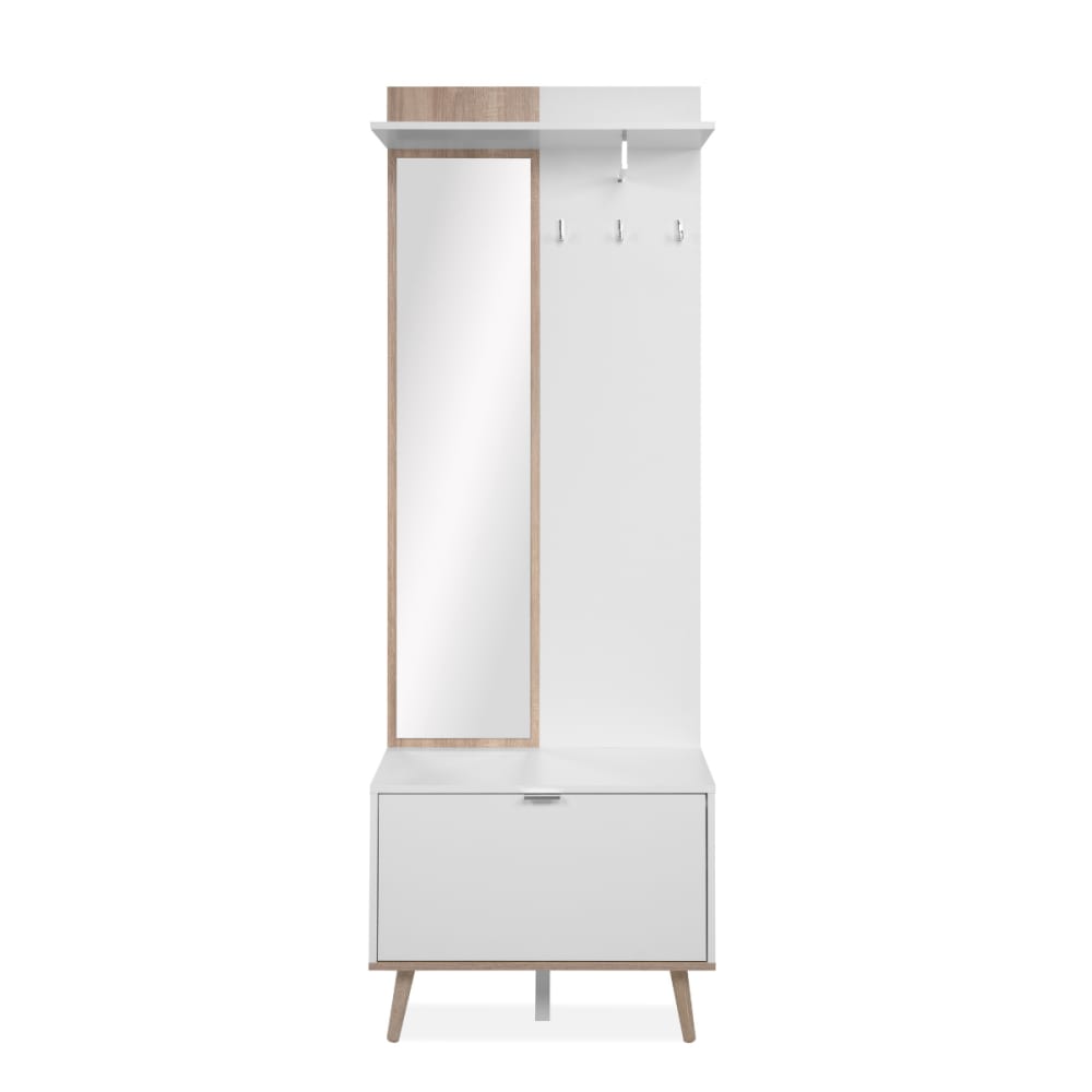 Wohnli Möbelsuche - Garderobe mit Spiegel und Aufbewahrung in Eiche und Weiß H200 cm