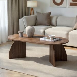 wohnli-moebel-suche-M26002641-1 Couchtisch mit geschwungenen Beinen L120 cm - Nussbaumdekor 120x40x60cm Spanplatte Braun Calicosy Möbel Wohnzimmermöbel Couchtische