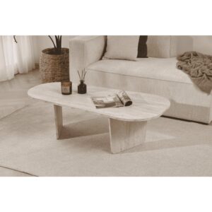 wohnli-moebel-suche-M26002651-1 Couchtisch mit abgerundeter Tischplatte L130 cm - Travertindekor 130x40x65cm Spanplatte Beige Calicosy Möbel Wohnzimmermöbel Couchtische