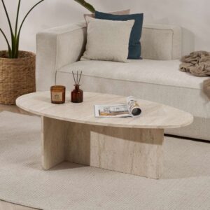 wohnli-moebel-suche-M26002654-1 Couchtisch mit ovaler Platte L120 cm - Travertindekor 120x40x65cm Spanplatte Beige Calicosy Möbel Wohnzimmermöbel Couchtische