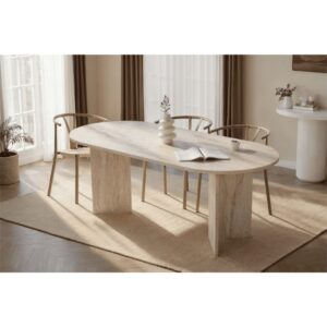 wohnli-moebel-suche-M26002656-1 Esstisch mit ovaler Tischplatte L200 cm - Travertindekor 200x75x90cm Spanplatte Beige Calicosy Möbel Esszimmermöbel Esstische