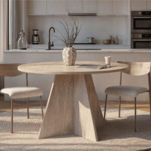 wohnli-moebel-suche-M26002668-1 Esstisch mit rundem Tischplatte D120 cm - Travertindekor 120x75x120cm Spanplatte Beige Calicosy Möbel Esszimmermöbel Esstische