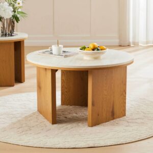 wohnli-moebel-suche-M26003401-1 Runder Couchtisch in Holzoptik 80 cm Durchmesser helles Holz 0x45x0cm Holz Beige Oviala Möbel Wohnzimmermöbel Couchtische