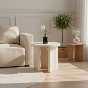 Runder Couchtisch in Holzoptik 50 cm Durchmesser cremefarben 0x45x0cm Holz Weiß Oviala Möbel Wohnzimmermöbel Couchtische