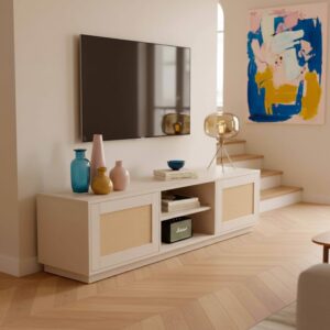 wohnli-moebel-suche-M26003431-1 TV-Schrank aus Holz mit 2 Rattantüren 160 cm breit cremefarben 160x43x40cm Holz Beige Oviala Möbel Wohnzimmermöbel TV-Möbel