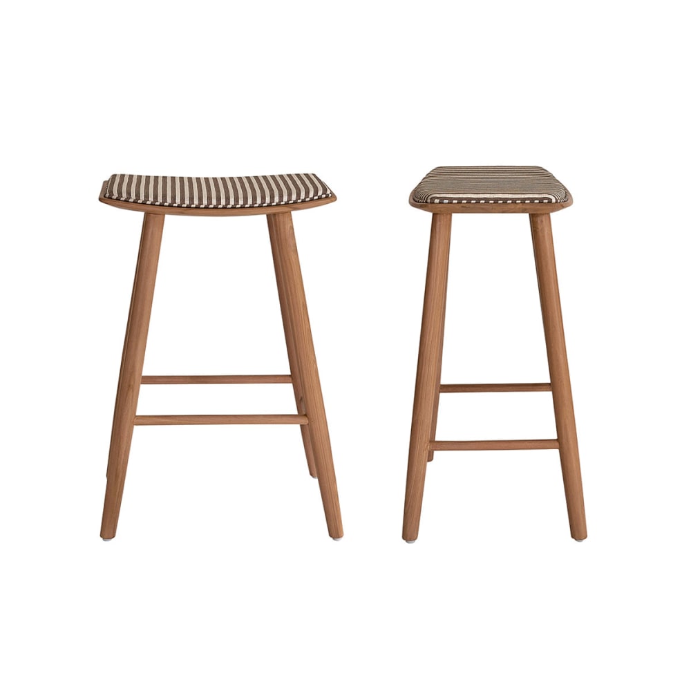Wohnli Möbelsuche - Set aus 2 Hockern massivem Teakholz mit gestreifter Sitzfläche