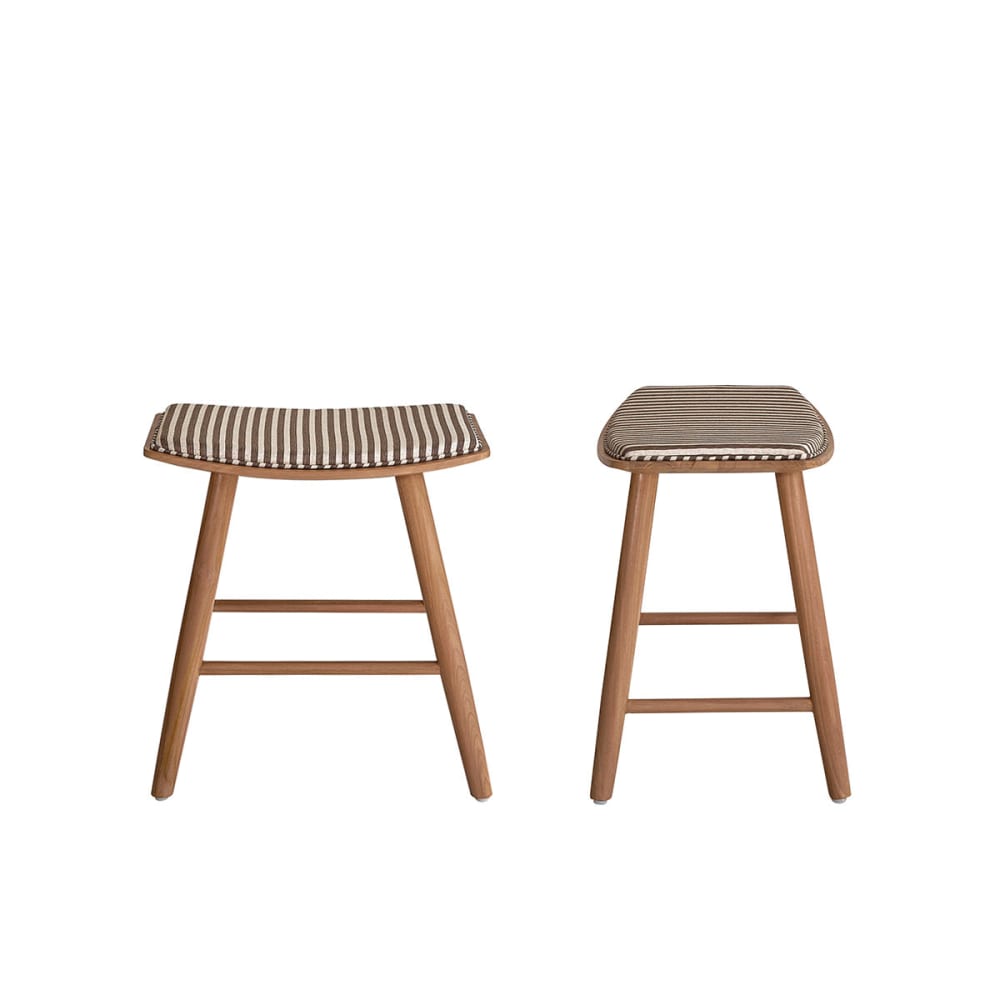Wohnli Möbelsuche - Set aus 2 Hockern massivem Teakholz mit gestreifter Sitzfläche