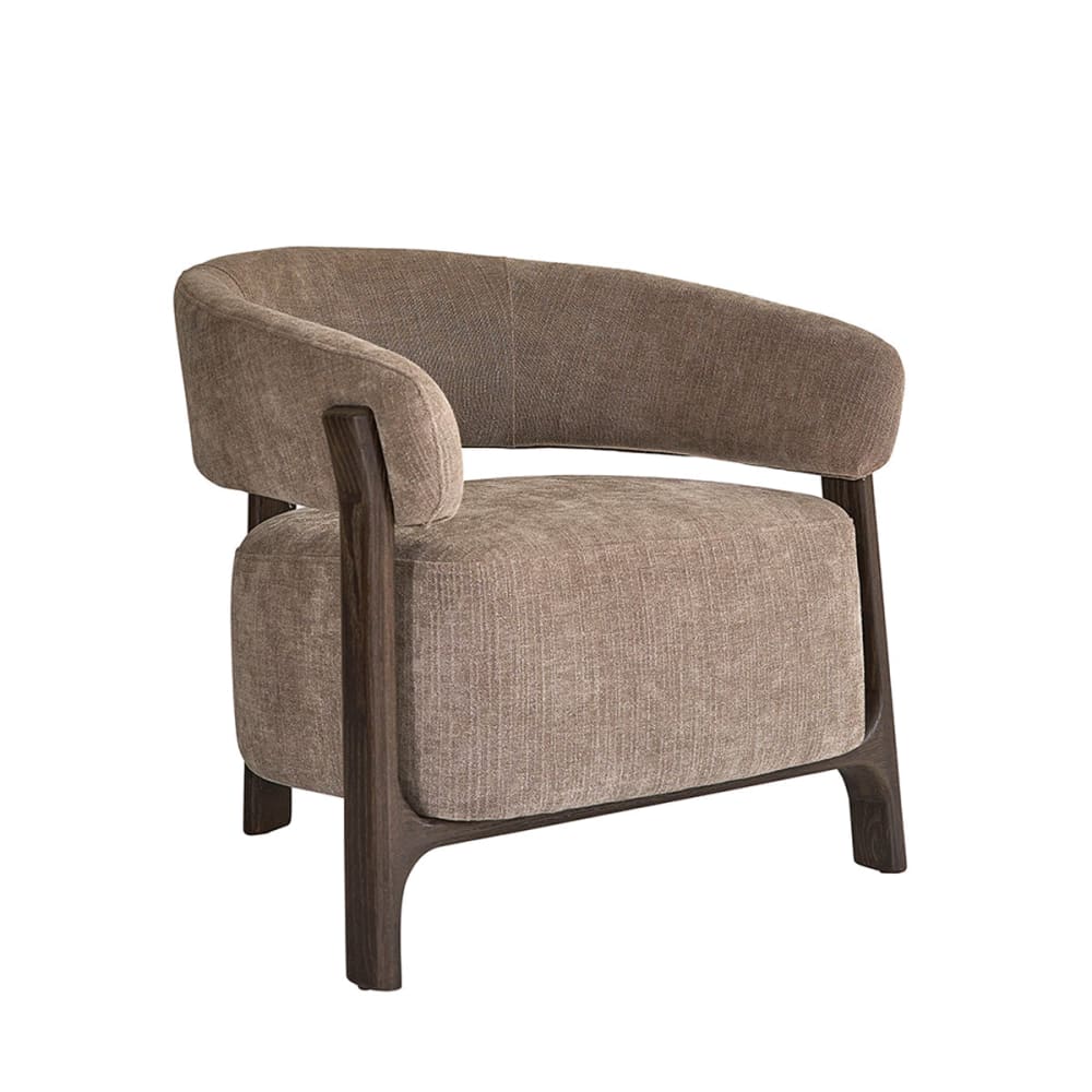 Wohnli Möbelsuche - Sessel aus massivem Holz mit Nussbaum-Finish & Chenille-Stoff Taupe