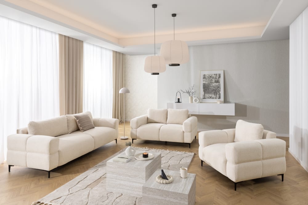 Polstergarnitur 3+2 in Bubble-Optik aus Hellbeige Strukturstoff 97x80x217cm Holz Beige S-Style Sofas und Sessel Sofas 2-Sitzer-Sofas & 3-Sitzer-Sofas