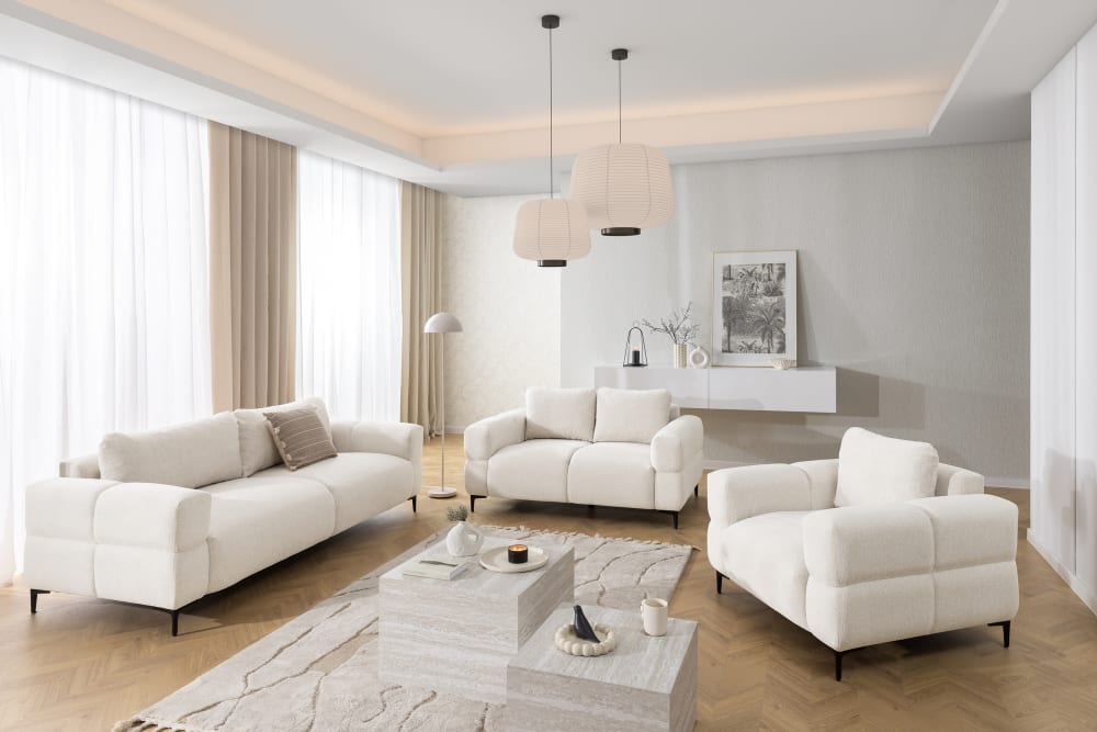 Polstergarnitur 2+1 in Bubble-Optik aus Creme Strukturstoff 97x80x154cm Holz Beige S-Style Sofas und Sessel Sofas 2-Sitzer-Sofas & 3-Sitzer-Sofas