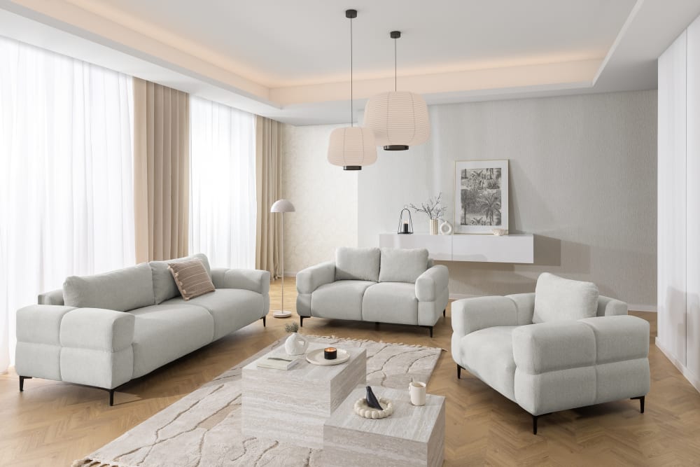 Polstergarnitur 2+1 in Bubble-Optik aus Hellgrau Strukturstoff 97x80x154cm Holz Grau S-Style Sofas und Sessel Sofas 2-Sitzer-Sofas & 3-Sitzer-Sofas