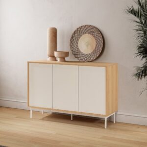 Sideboard 3 Türen Eiche-Optik/grau 120x80x40cm Spanplatte Grau HOMN Möbel Esszimmermöbel Sideboards, Highboards & niedrige Anrichten