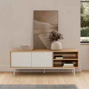 wohnli-moebel-suche-M26004407-1 TV-Schrank 2 Türen Eiche-Optik/grau 140x50x40cm Spanplatte Grau HOMN Möbel Wohnzimmermöbel TV-Möbel