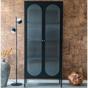 wohnli-moebel-suche-M26004900-1 2-türige Vitrine aus Wellglas und schwarzem Stahl 90 x 180 cm 35x180x80cm Metall Schwarz Moloo Möbel Esszimmermöbel Vitrine und Vitrinenschrank