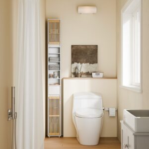 Badezimmerschrank mit einer schublade holzfarbe 20x20x180cm 20x180x20cm Spanplatte Braun SoBuy Möbel Badezimmermöbel Badezimmerschränke