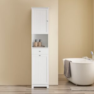 wohnli-moebel-suche-M26005956-1 Badezimmerhochschrank mit einer schublade weiß 40x38x180cm funktional 40x180x38cm Spanplatte Weiß SoBuy Möbel Badezimmermöbel Badezimmerschränke
