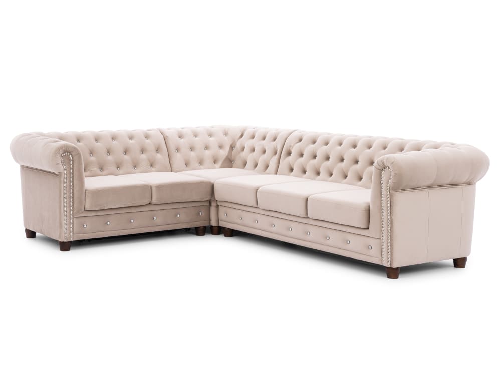 Wohnli Möbelsuche - Chesterfield Ecksofa L-Form mit Schlaffunktion aus Beige Samt