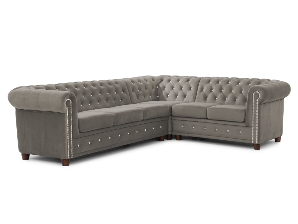 Wohnli Möbelsuche - Chesterfield Ecksofa L-Form aus Grau Samt mit Kristallsteppung