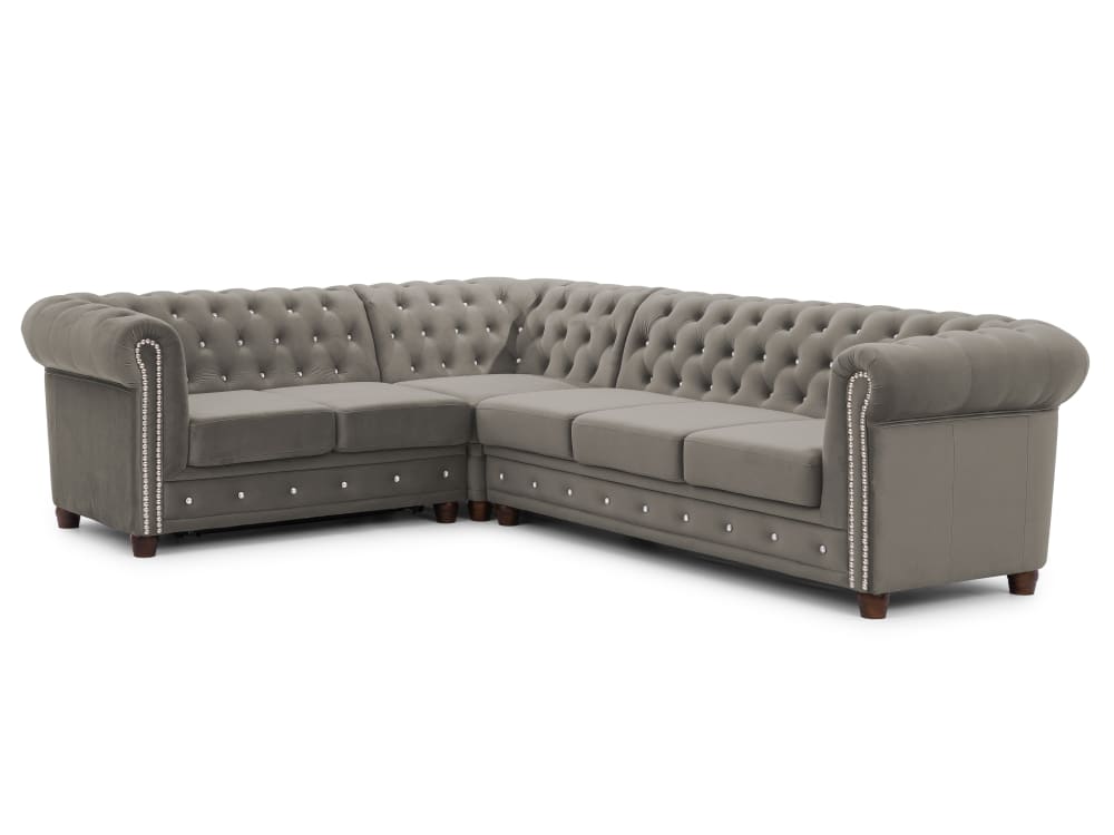 Wohnli Möbelsuche - Chesterfield Ecksofa L-Form mit Schlaffunktion aus Grau Samt