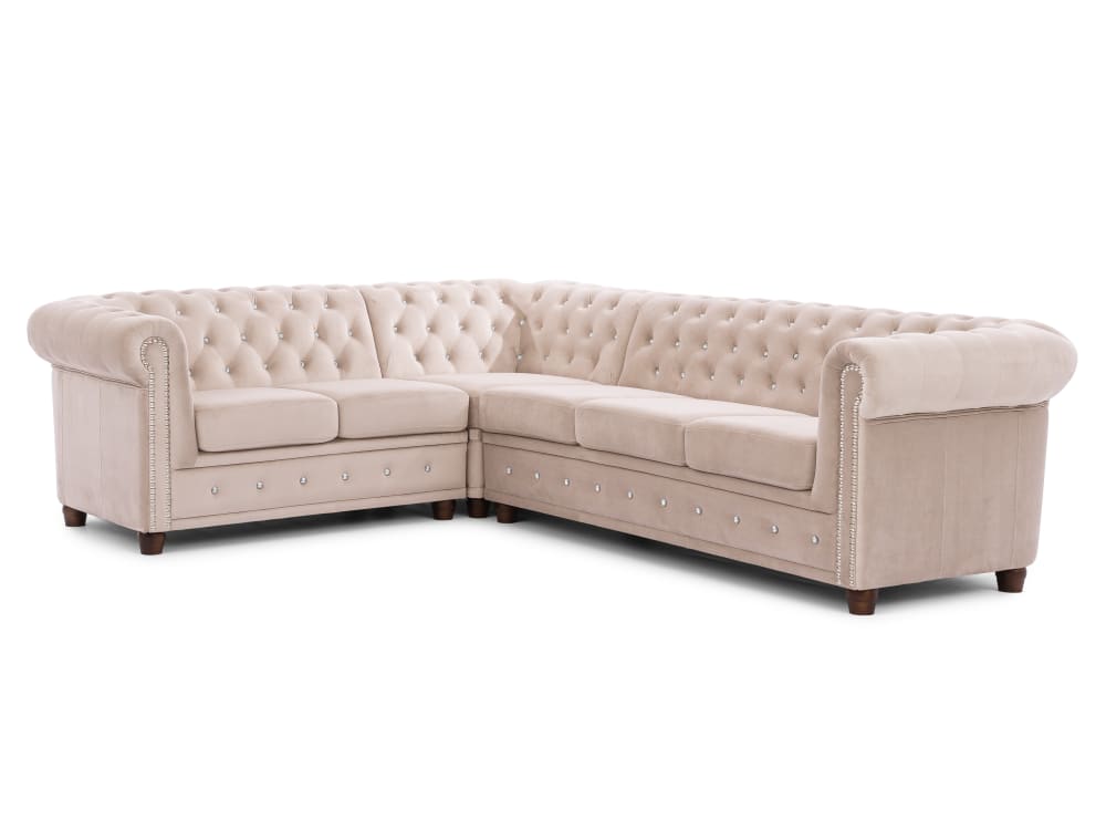 Wohnli Möbelsuche - Chesterfield Ecksofa L-Form aus Beige Samt mit Kristallsteppung