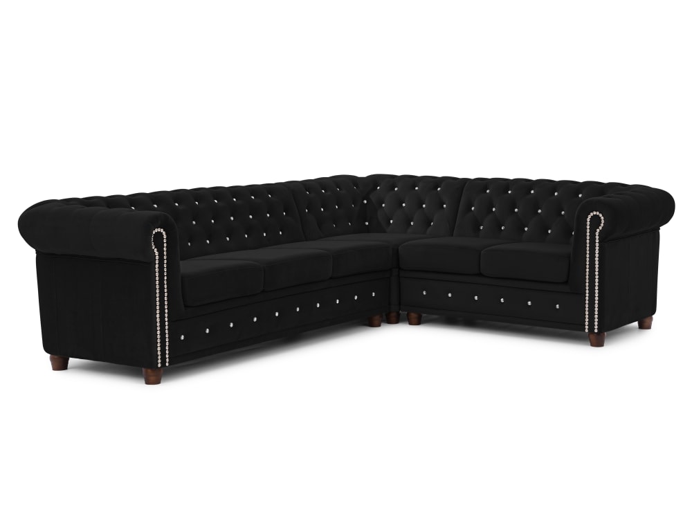 Wohnli Möbelsuche - Chesterfield Ecksofa L-Form aus Schwarz Samt mit Kristallsteppung