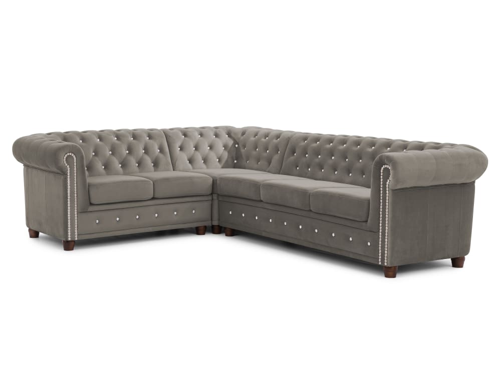 Wohnli Möbelsuche - Chesterfield Ecksofa L-Form aus Grau Samt mit Kristallsteppung