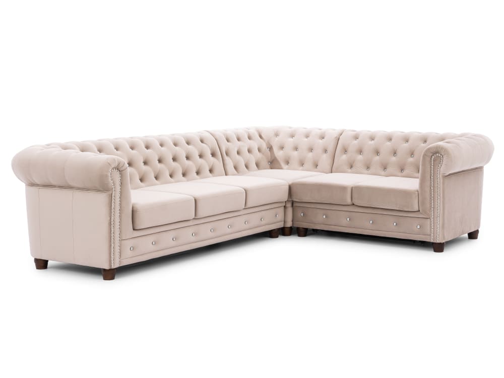 Wohnli Möbelsuche - Chesterfield Ecksofa L-Form mit Schlaffunktion aus Beige Samt